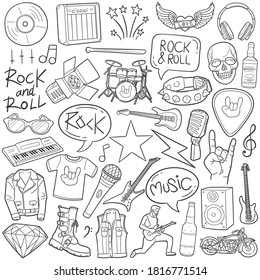 Rock and Roll doodle icon set. Music Tools Vector illustration collection. Super Star Hand drawn Line art style.