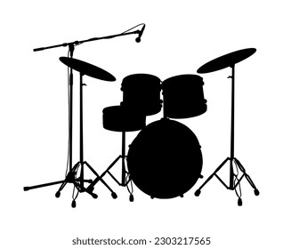 Rock-and-Roll-Drum-Set, Vektorsilhouettengrafik einzeln auf weißem Hintergrund. Musikausrüstung Schlagzeug Form auf der Bühne mit Mikrofon. Festival Musik Konzert Show.