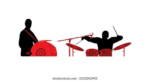 Rock and Roll Drummer Duett mit traditionellen Schlagzeuger Vektor Silhouette Illustration einzeln. Musiker spielen Trommeln und formen Schatten auf der Bühne. Super Star Musik vs Folklore Konzert Show. Schlagzeugerspieler.