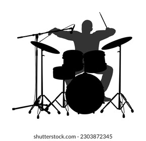 Rock and roll drummer vector silhouette illustration isolated on white background. Musician play drums on stage. Super star music concert show. Great event for fan supporters. Drummer player shape.