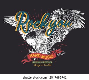 Rock and roll eagle vintage vector t shirt print design.  Hard music logo artwork.