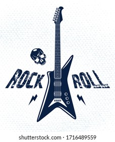 Rock and Roll emblem with electric guitar vector logo, concert festival or night club label, music theme illustration, guitar shop or t-shirt print, rock band sign with stylish typography.