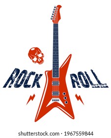 Rock and Roll emblem with electric guitar vector logo, concert festival or night club label, music theme illustration, guitar shop or t-shirt print, rock band sign with stylish typography.