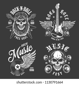 Rock and roll emblems on black background. Vector illustration