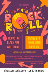 Rock and Roll Event Retro Style Poster Template. Banner for Live Music Festival. Cover Party Flyer. Vinyl on Creative Emblem. Musical Symbol for Logo Design. Flat Cartoon Vector Illustration