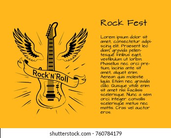 Rock and roll fest colorful poster with electric guitar surrounded by wings. Vector illustration of musical instrument on yellow background