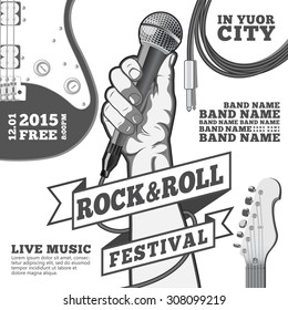 Rock and roll festival concept poster. Hand holding a microphone in a fist. Black and white vector illustration . mixed media.