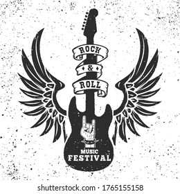 Rock and roll festival poster template. Winged guitar on grunge background. Design element for logo, emblem, card,banner, t-shirt. Vector illustration