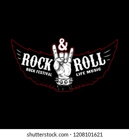 Rock and roll festival. Rocker sign and wings. Design element for logo, label, emblem, sign, poster. Vector illustration