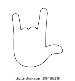 Rock and roll fingers line symbol. Heavy metal sign. Horns gesture linear pictogram. Vector isolated on white.