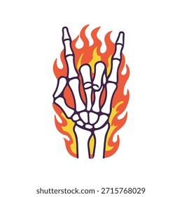 Ilustración vectorial de arte de cráneo de hueso de mano de fuego de llama de rock and roll