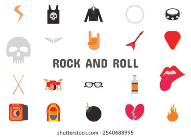 Rock and Roll Flat Vetor Ilustração Ícone Adesivo Definir Materiais de Design