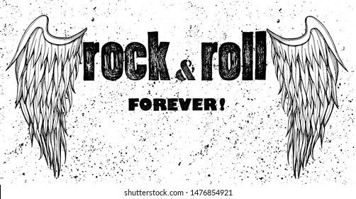 Rock and roll forever, angel wings pattern. Lettering and grunge texture