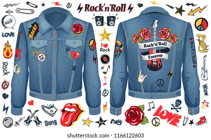 Rock and roll forever denim jacket color concept of apparel for real music fans, collection of signs and symbols, guitar with bright ribbon and roses