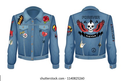 Rock and roll forever prints set on denim wear, isolated on white backdrop vector illustration of apparel for hard music fans, skull with color wings