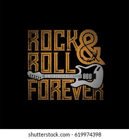 Rock and Roll Forever typographic design for t-shirt print. Global flat colors. Layered vector illustration.