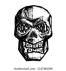 Rock and Roll, Forever Young hand-drawn black and white lettering with skull. Eps8. RGB. Global color