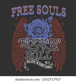 rock and roll. Free Souls. Rose vector. wings graphics. Hand drawn vintage rock n roll prints. girls vector graphics. women's graphic tee. summer t-shirt design