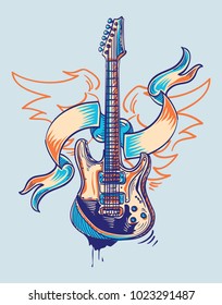 Rock and roll funky guitar and ribbon graffiti