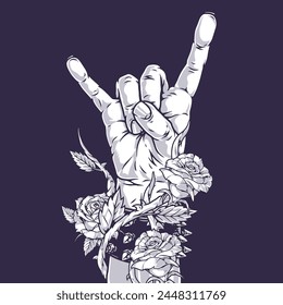 Rock and roll gesture vintage sticker monochrome with musician hand and roses weaving around wrist vector illustration