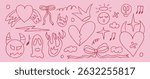 Rock and roll girly crayon drawn set. Punk coquette breaking heart and devil with angel doodle background. Scribble grunge poster elements. Heart, crown and sketch graffiti art. Vector illustration.
