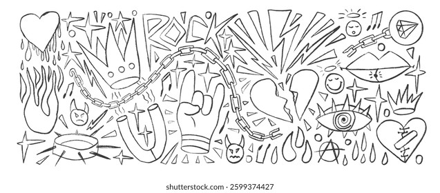 Rock and roll girly crayon drawn set. Punk charcoal breaking heart doodle background. Scribble grunge poster elements. Heart, crown and sketch marker art. Vector by pencil isolated illustration.