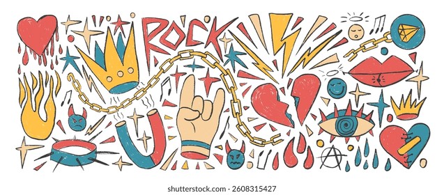 Rock and roll girly crayon drawn set. Punk coquette breaking heart doodle background. Scribble grunge poster elements. Heart, crown and sketch graffiti color art. Vector illustration by pencil.