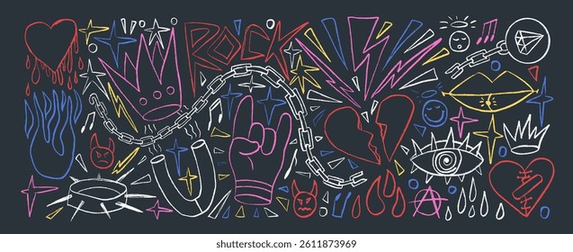 Rock and roll girly crayon drawn set. Punk coquette breaking heart doodle background. Scribble grunge poster elements. Heart, rock font and sketch line art. Vector by pencil isolated illustration.