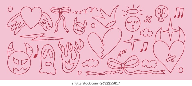 Rock and roll girly crayon drawn set. Punk coquette breaking heart and devil with angel doodle background. Scribble grunge poster elements. Heart, crown and sketch graffiti art. Vector illustration.