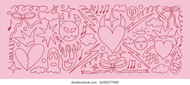 Rock and roll girly crayon drawn set. Punk coquette breaking heart and devil with angel doodle background. Scribble grunge poster elements. Heart, crown and sketch graffiti art. Vector illustration.