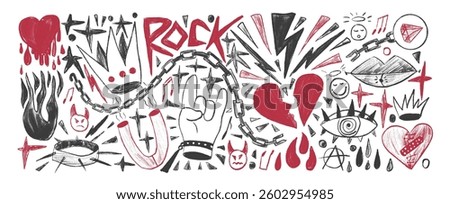 Rock and roll girly crayon drawn set. Punk charcoal breaking heart doodle background. Scribble grunge poster elements. Heart, crown and sketch graffiti art. Vector illustration by pencil isolated.