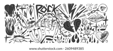 Rock and roll girly crayon drawn set. Punk charcoal breaking heart doodle background. Scribble grunge poster elements. Heart, crown and sketch graffiti art. Vector by pencil isolated illustration.