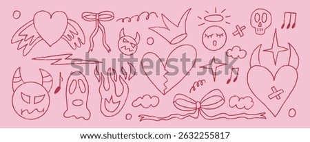 Rock and roll girly crayon drawn set. Punk coquette breaking heart and devil with angel doodle background. Scribble grunge poster elements. Heart, crown and sketch graffiti art. Vector illustration.