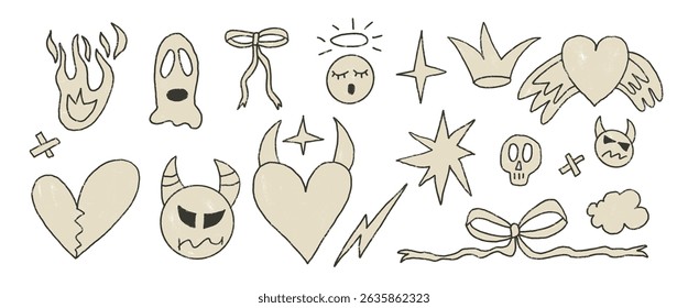Rock and roll girly hand drawn set. Punk charcoal breaking heart doodle background. Scribble grunge shapes. Devil, crown and line sketch graffiti art. Vector illustration by pencil isolated on white.