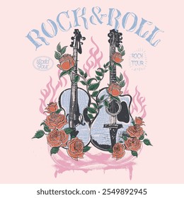 rock and roll graphic design. Music guitar with rose flower. Bird wing vintage artwork for apparel, stickers, posters, background and others. vintage t shirt design. Rock and roll with wing logo 