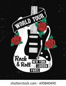 Rock and roll graphic design with roses and guitar illustration for t-shirt and other uses.
