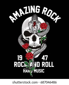 Rock and roll graphic design with skull, roses and snake illustration for t-shirt and other uses.