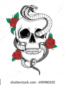 Rock and roll graphic design with skull, roses and snake illustration for t-shirt and other uses.