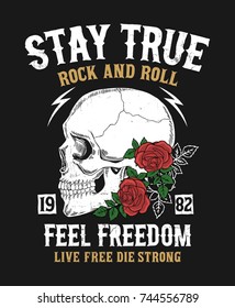 Rock and roll graphic design with skull and roses  illustration for t-shirt and other uses.