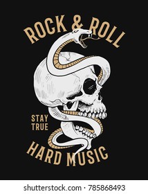 Rock and roll graphic design with skull and snake illustration for t-shirt and other uses.