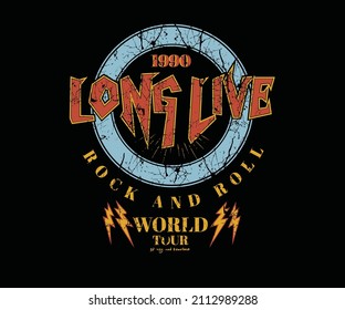 Rock and roll graphic print design for t shirt, poster, background and sticker. Rock world tour vintage vector artwork.