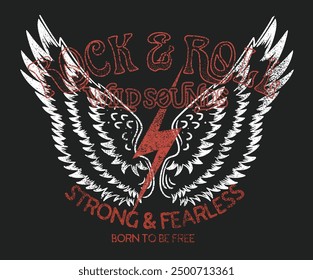 Rock and roll graphic print design for apparel, stickers, posters and background. Eagle fly vector artwork design for shirt and others.