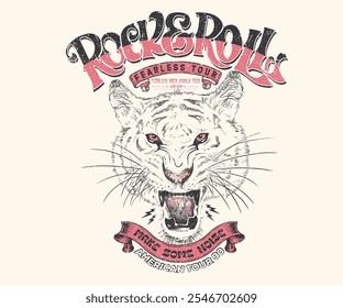 Rock and roll graphic print design for apparel, stickers, posters and background. Fearless world tour. Tiger face artwork. Rock star design. Tiger face vector artwork for t shirt and others. 