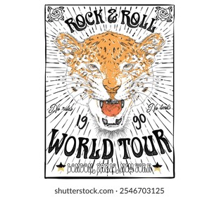 Rock and roll graphic print design for apparel, stickers, posters and background. Rock star design. Leopard face vector artwork for t shirt and others.