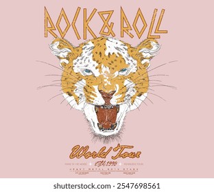 Rock and roll graphic print design for apparel, stickers, posters and background. Leopard face vector artwork for t shirt and others. Rock star design.