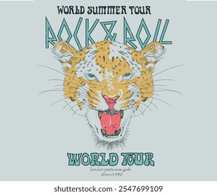 Rock and roll graphic print design for apparel, stickers, posters and background. Leopard face vector artwork for t shirt and others. Rock star design. Music world tour.