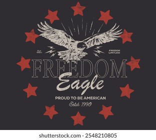 Rock and roll graphic print design for apparel, stickers, posters and background. American eagle. Fly high artwork. Freedom forever. Rock star design.