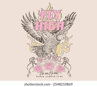 Rock and roll graphic print design for apparel, stickers, posters and background. American eagle. Fly high artwork. Freedom forever. Rock star design. Eagle fly vector artwork for t shirt and others. 