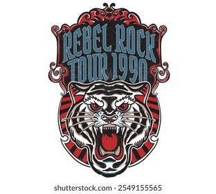 Rock and roll graphic print design for apparel, stickers, posters and background. Fearless world tour. Tiger face artwork. Rock star design. Tiger face vector artwork for t shirt and others.	