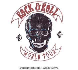 Rock and roll graphic t-shirt print design. Skull vector art.